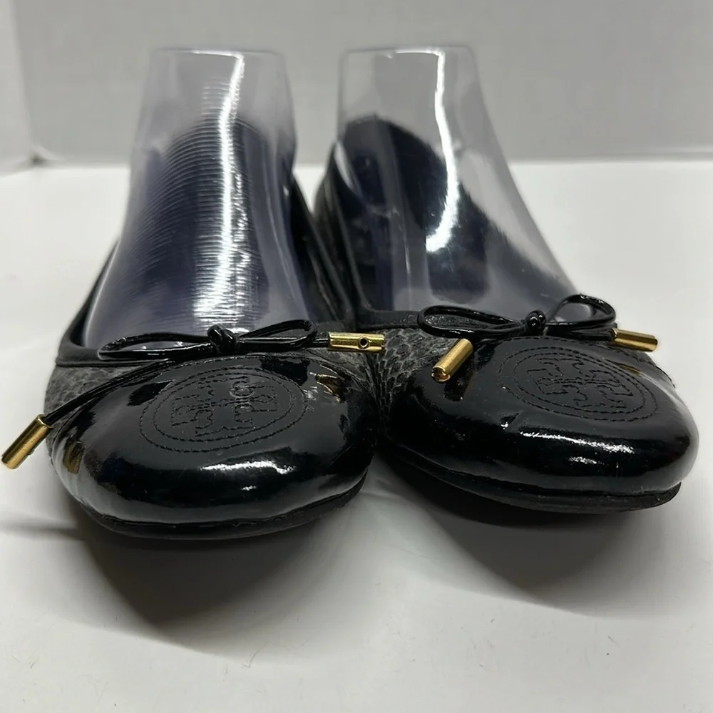 Tory Burch Ballet Flats Shoes Faux Snakeskin Leather Captoe Black Gray Size 8.5